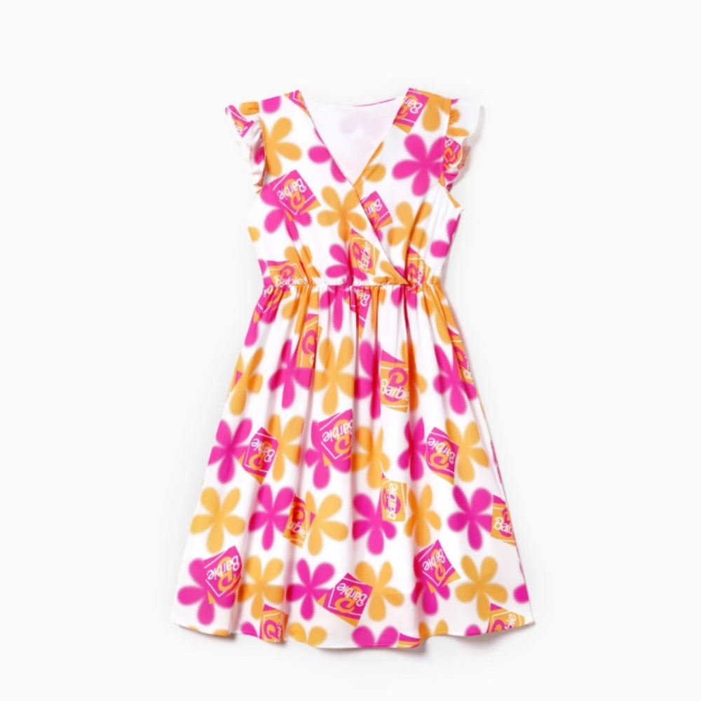 Barbie Pink and Orange Allover Floral Print V-neck Women Dress, Size L